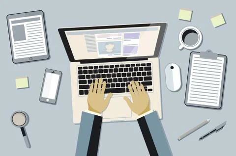 Hands typing text on the laptop keyboard and using social networks for comm.. Stock Illustration