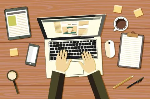 Hands typing text on the laptop keyboard and using social networks for comm.. Stock Illustration