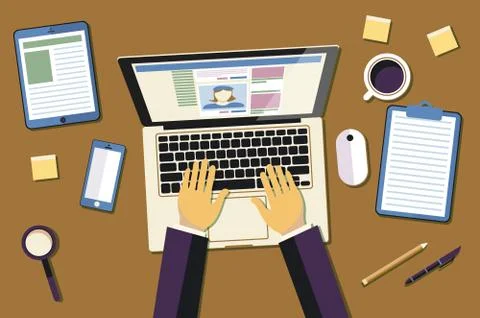 Hands typing text on the laptop keyboard and using social networks for comm.. Stock Illustration
