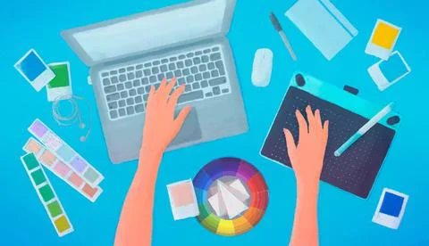 Hands typing text on the laptop keyboard. The workplace is on top. Drawing ta Stock Illustration