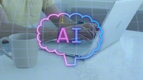 Hands typing on white laptop starting AI brain filling binary while chat sliding Stock Footage 335316700