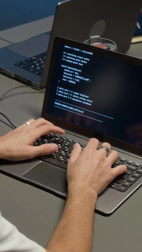 Hands of Unrecognisable Developer Coding on Laptop at Work Table in Dim Lighting Video stock 329618673