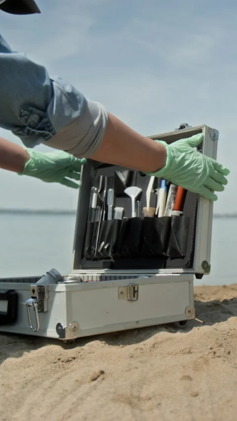 Hands of Unrecognizable Ecologist Opening Field Case to Take Water Samples Video stock 280930312