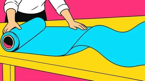 Hands unrolling a large roll of bright blue fabric on yellow table. Stock Illustration