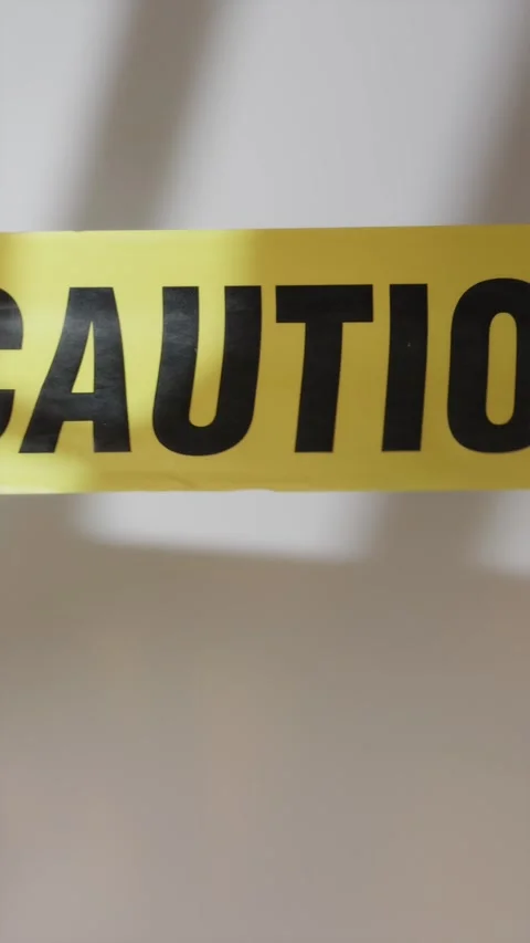 Hands unrolling yellow Caution tape against white wall Stock Footage 342423260