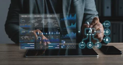 Hands use tablet with AI dashboard, charts, graphs and financial data overl.. Stock Photos