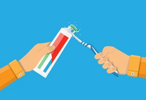 Hands use toothpaste and a toothbrush Stock Illustration