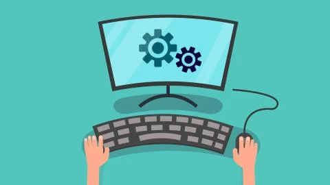 Hands using computer to config system vector illustration.Setting personal co Stock Illustration