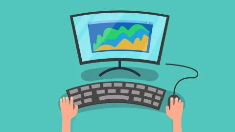 Hands using computer with graph of business marketing vector illustration. Stock Illustration