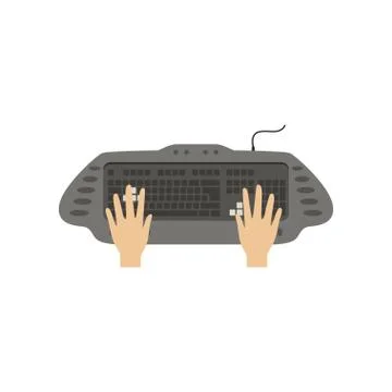 Hands using computer keyboard, people working with computer, top view vector Stock Illustration
