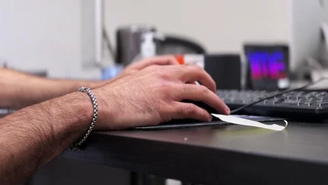 Hands Using Computer Mouse and Keyboard at Modern Office Desk Stock Footage 333440347