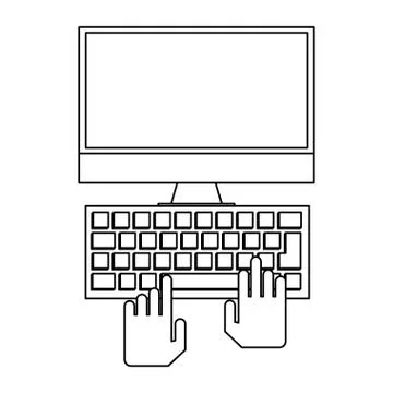 Hands using computer symbol black and white Stock Illustration