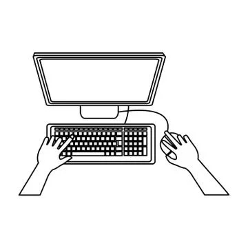 Hands using computer technology black and white Stock Illustration
