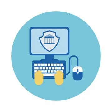 Hands using desktop with bank building block style 스톡 일러스트