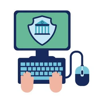 Hands using desktop with bank building flat style Stock Illustration