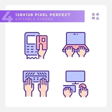 Hands using devices pixel perfect RGB color icons set Stock Illustration