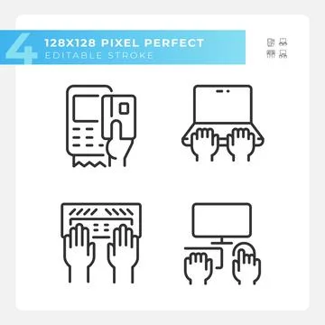 Hands using devices pixel perfect linear icons set Illustrazione stock