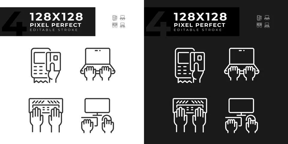 Hands using devices pixel perfect linear icons set for dark, light mode 스톡 일러스트
