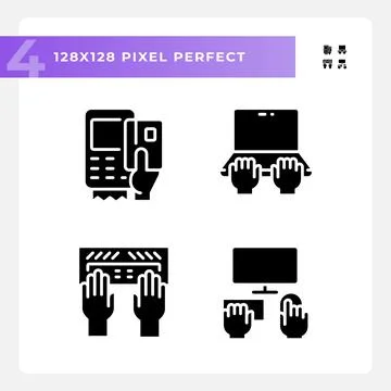 Hands using devices pixel perfect black glyph icons set on white space 스톡 일러스트