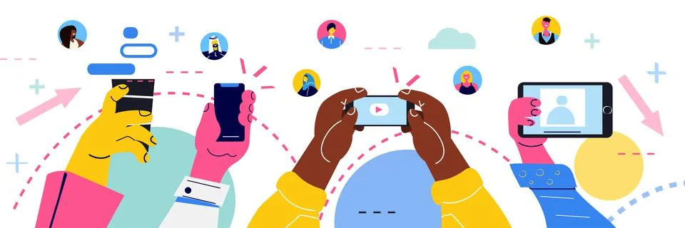 Hands using different gadgets digital addiction social media communication Stock Illustration