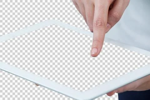 Hands using digital tablet against white background Stock Photos