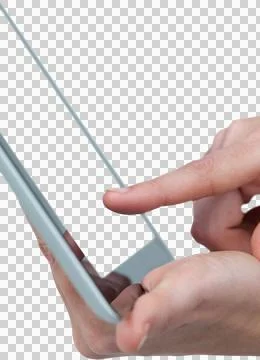 Hands using digital tablet against white background Stock Photos
