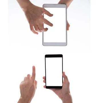 Hands Using Digital Tablet and Smartphone with Blank White Screens Isolated on W Stock Photos