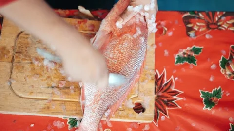Hands using a knife to scale a fresh red snapper on a wooden board Vídeo Stock 342978947