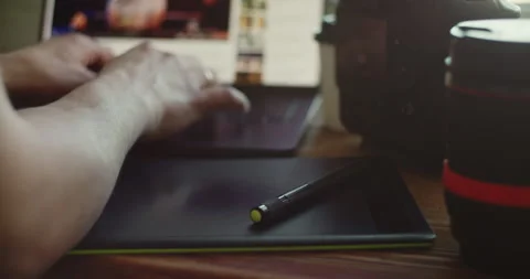 Hands Using Laptop and Tablet on Wooden Desk Close-Up Stock Footage 308379074