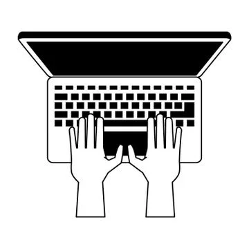 Hands using laptop computer cartoon in black and white Stock Illustration
