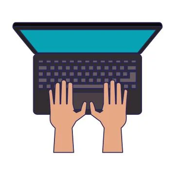 Hands using laptop computer cartoon blue lines Stock Illustration