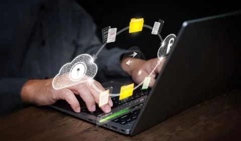 Hands using laptop with secure cloud file transfer illustration, representi.. 스톡 사진