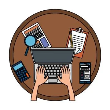 Hands using laptop in workplace Stock Illustration
