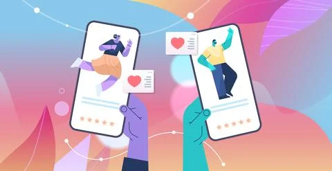 Hands using mobile app for online dating on smartphone screens social media Stock Illustration