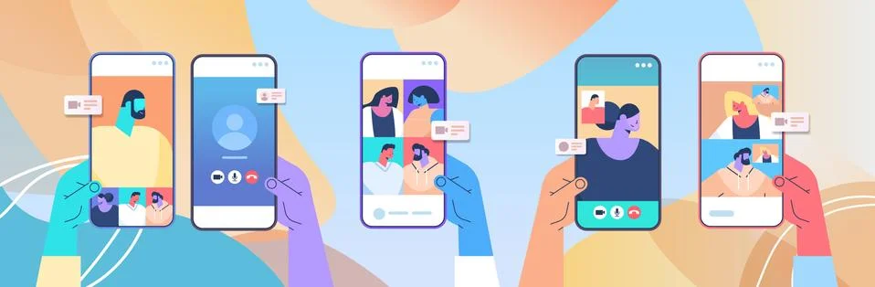 Hands using mobile app for virtual conference meeting friends discussing during Stock Illustration