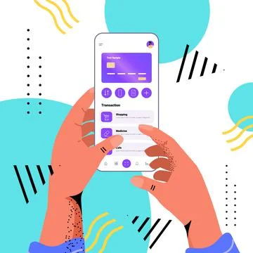 Hands using mobile banking app with credit card on smartphone screen e-payments Stock Illustration