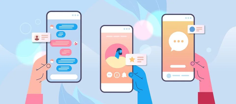 Hands using mobile chatting apps on smartphone screens online communication Stock Illustration