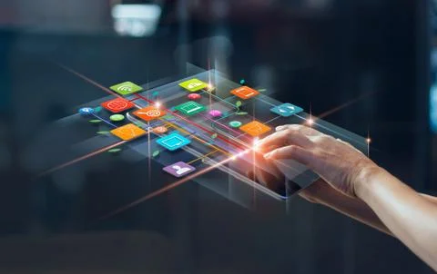 Hands using mobile payments, Digital marketing. Banking network, Online shopping Fotos Stock