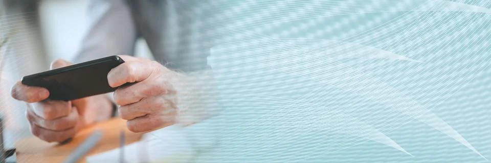 Hands using mobile phone; panoramic banner 스톡 사진