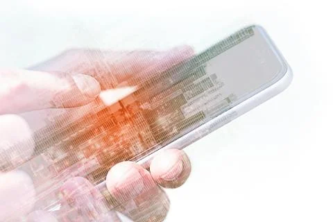 Hands using mobile phone / smartphone closeup with city skyline double exposu Stock Photos