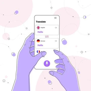 Hands using mobile translation application multilingual greeting international 스톡 일러스트
