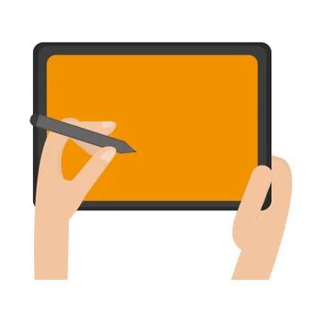 Hands using pen on tablet technology symbol Stock Illustration