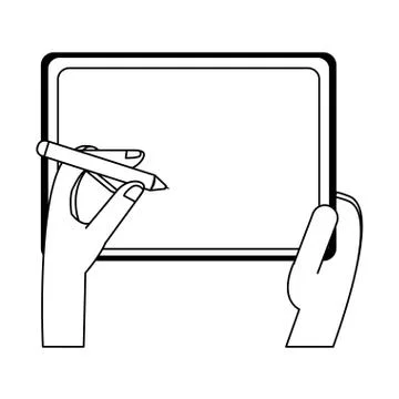 Hands using pen on tablet technology symbol in black and white Stock Illustration