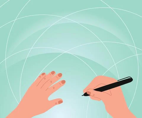 Hands Using Pencil Strategizing Newest Innovative Creative Goal Plans. Palms 스톡 일러스트