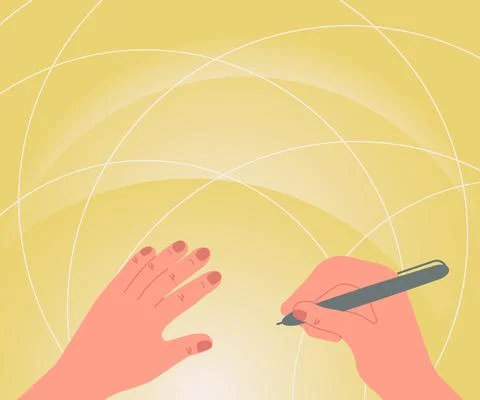 Hands Using Pencil Strategizing Newest Innovative Creative Goal Plans. Palms 스톡 일러스트