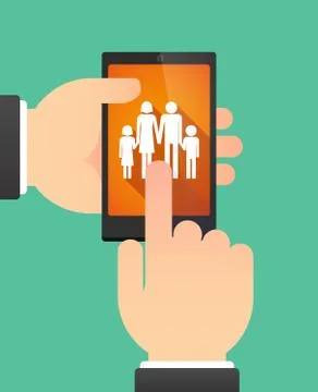 Hands using a phone showing a conventional family pictogram Stock Illustration