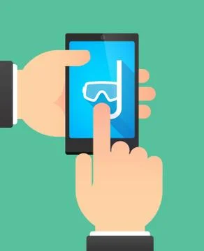 Hands using a phone showing a diving goggles Stock Illustration