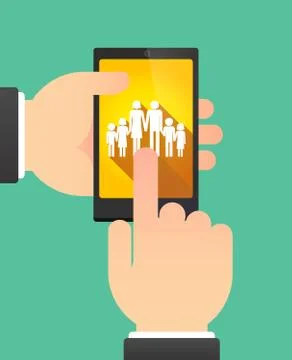 Hands using a phone showing a large family  pictogram Stock Illustration