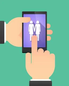 Hands using a phone showing a lesbian couple pictogram Stock Illustration