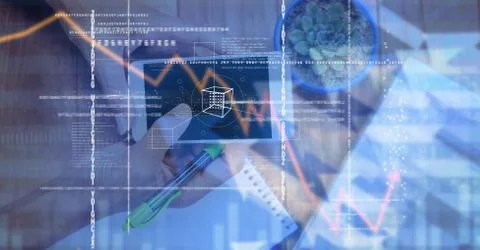 Hands using smart phone with overlay 写真素材